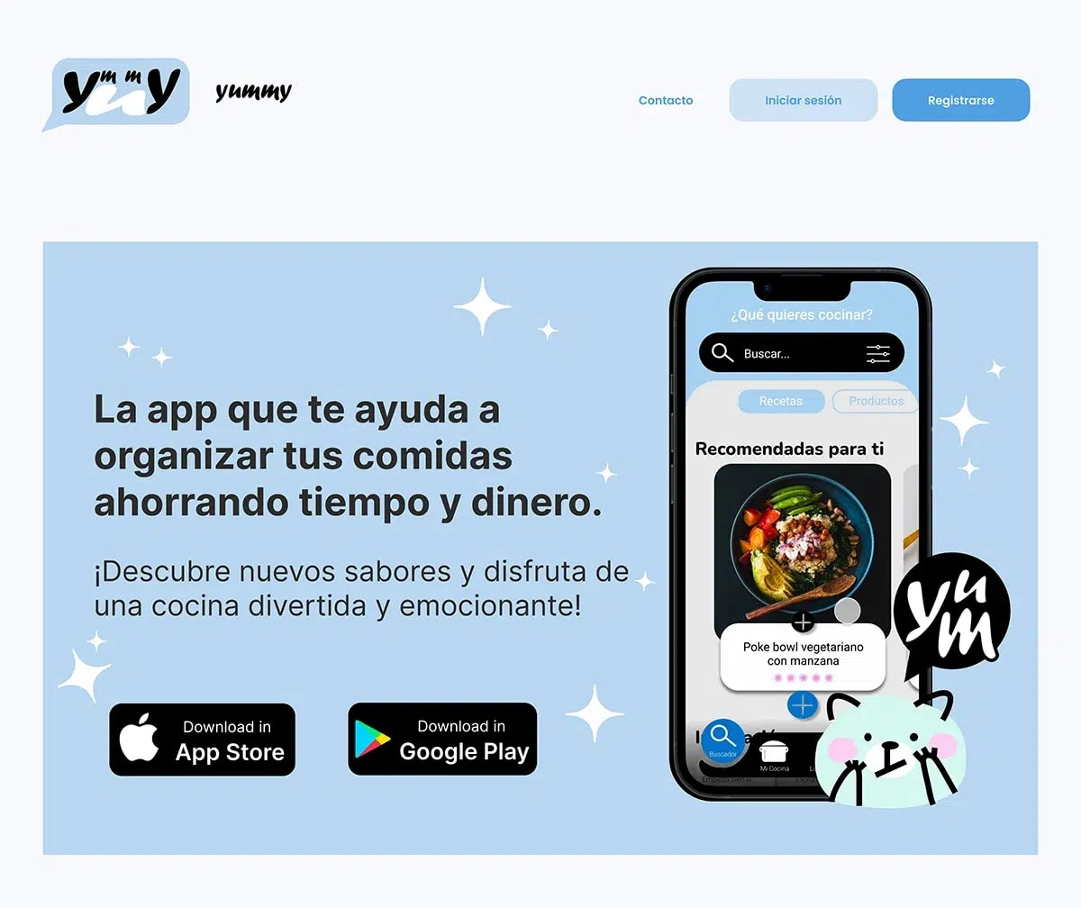 Landing de la app Yummy que ayuda a organizar las comidas ahorrando tiempo y dinero, de Iman Rita Drissi Collado, alumna de UX/UI/Web en TRAZOS
