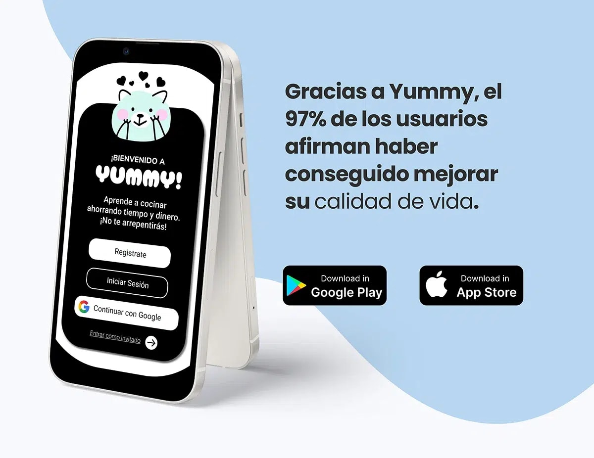 Pantalla de bienvenida y registro de la app Yummy con su mascota gato, de Iman Rita Drissi Collado, alumna de UX/UI/Web en TRAZOS