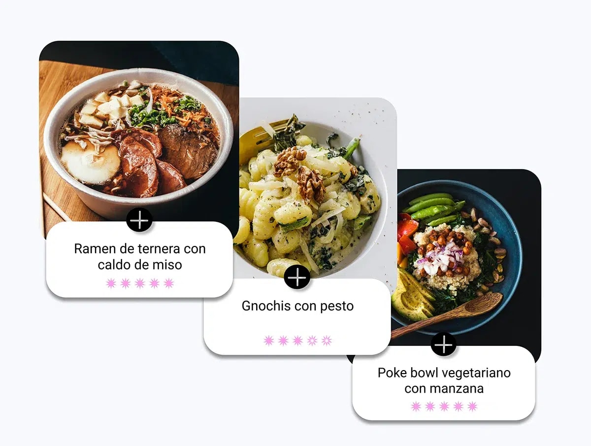 Tarjetas de recetas de la app Yummy como ramen, gnochis y poke bowl, de Iman Rita Drissi Collado, alumna de UX/UI/Web en TRAZOS