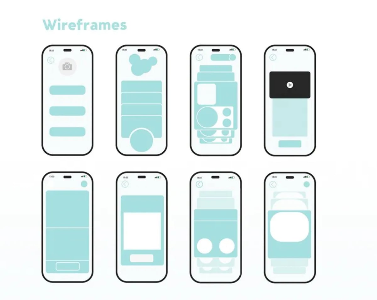 Wireframes de las pantallas de la app social Hola, de Manuel Mariano Requero, alumno de UX/UI/Web en TRAZOS