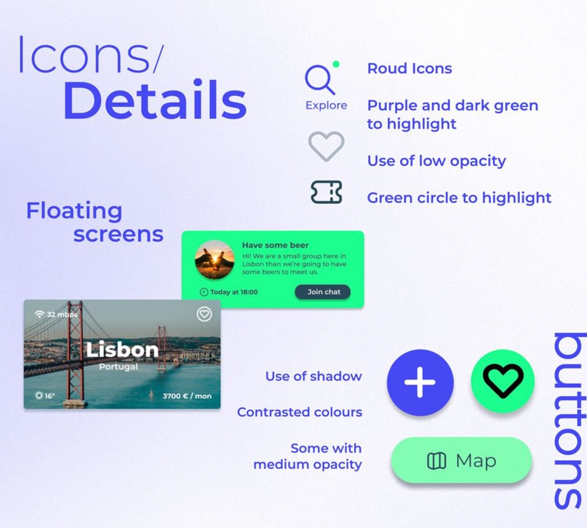 Iconos, botones y detalles de interfaz de la app nomad, de Mireya Calduch Pérez, alumna de UX/UI/Web en TRAZOS