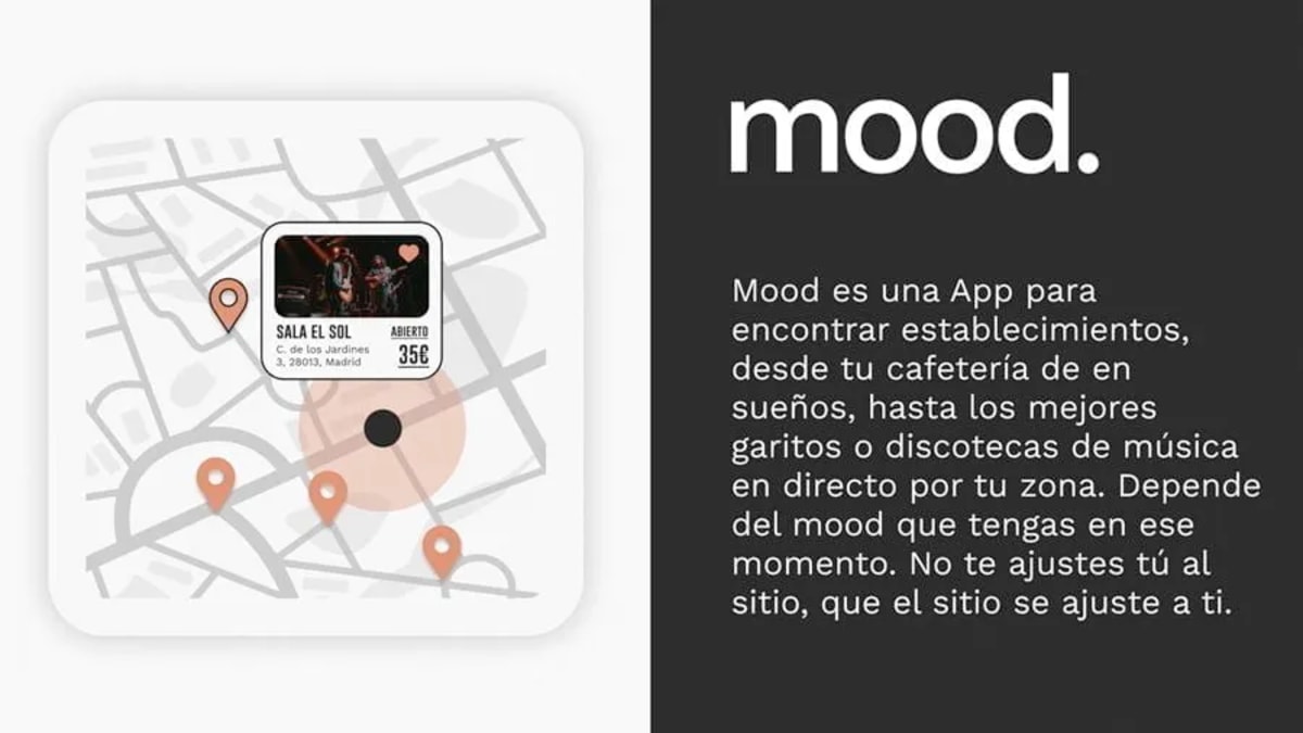 Tarjeta de presentación de la app mood con un mapa de locales en Madrid y el texto descriptivo del proyecto, de Miriam Paredes del Río, alumna de UX/UI/Web en TRAZOS