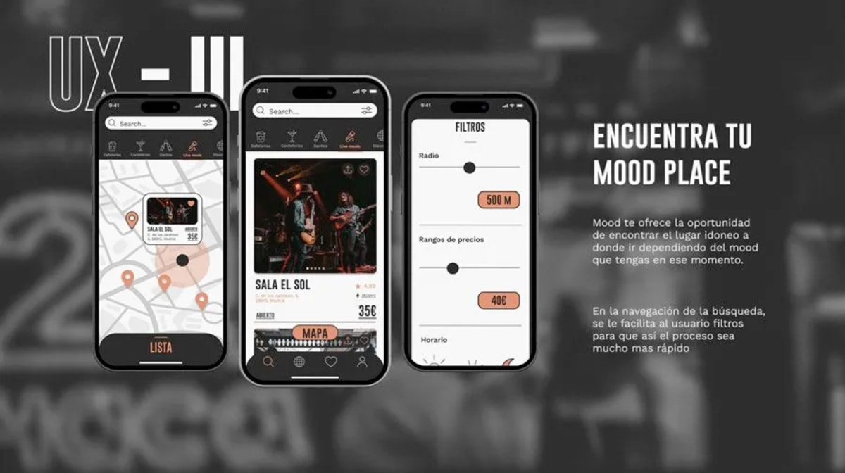 Tres móviles con las pantallas de mapa, ficha de local y filtros de la app mood bajo el título encuentra tu mood place, de Miriam Paredes del Río, alumna de UX/UI/Web en TRAZOS