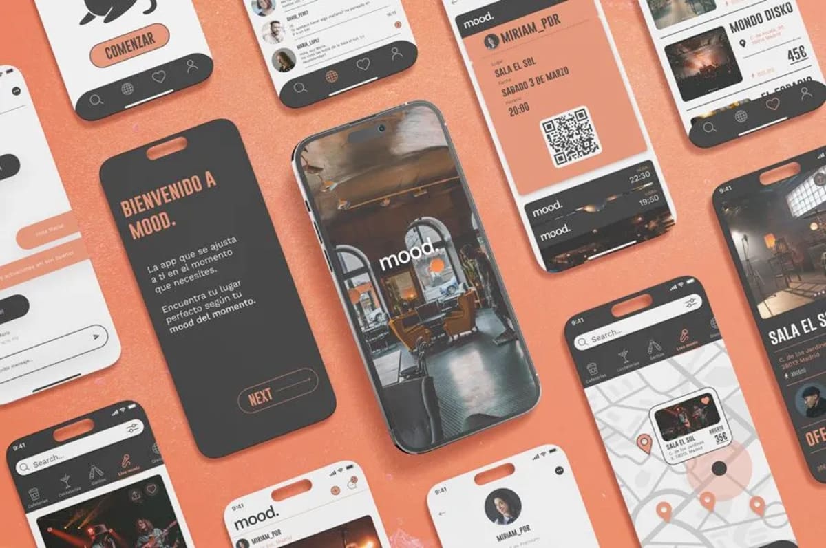 Composición de móviles con varias pantallas de la interfaz de la app mood sobre fondo naranja, de Miriam Paredes del Río, alumna de UX/UI/Web en TRAZOS