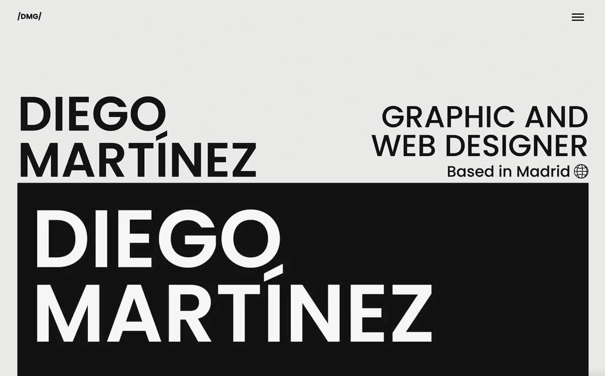 Hero del portfolio web de Diego Martínez con su nombre y el rotulo Graphic and Web Designer based in Madrid, de Diego Martínez García, alumno de UX/UI/Web en TRAZOS