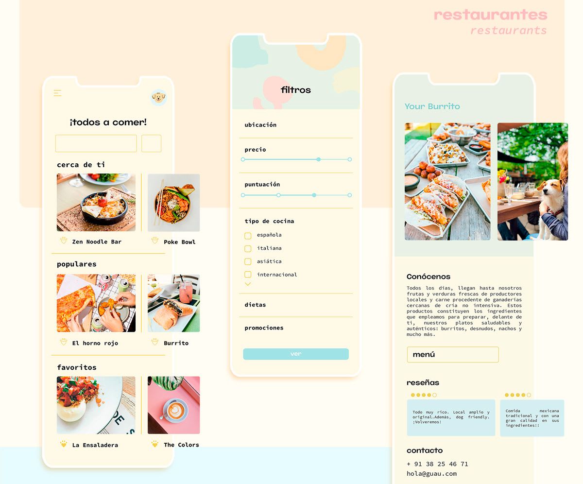 Pantallas de la sección restaurantes con listado, filtros de búsqueda y ficha de local pet friendly de la app Guau, de Raquel Serra Ontín, alumna de UX/UI/Web en TRAZOS