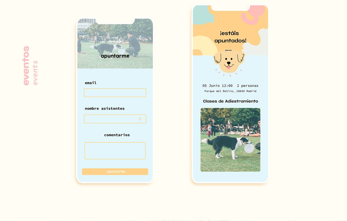 Pantallas de la sección eventos con formulario de inscripción y confirmación de asistencia de la app Guau, de Raquel Serra Ontín, alumna de UX/UI/Web en TRAZOS
