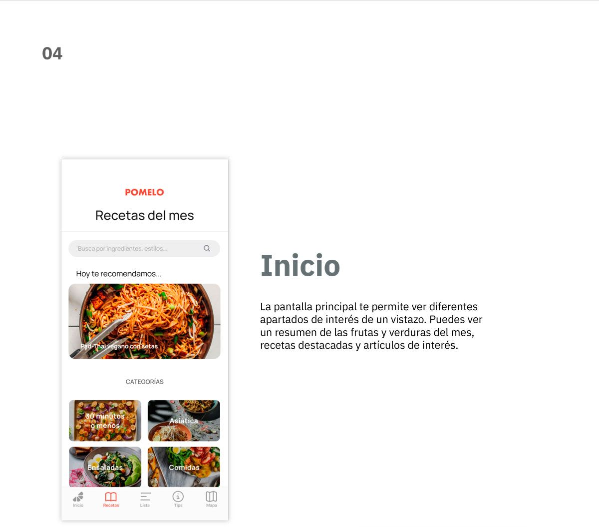 Pantalla de inicio de la app Pomelo con recetas del mes y categorías, de Cristóbal Bravo González, alumno de UX/UI/Web en TRAZOS