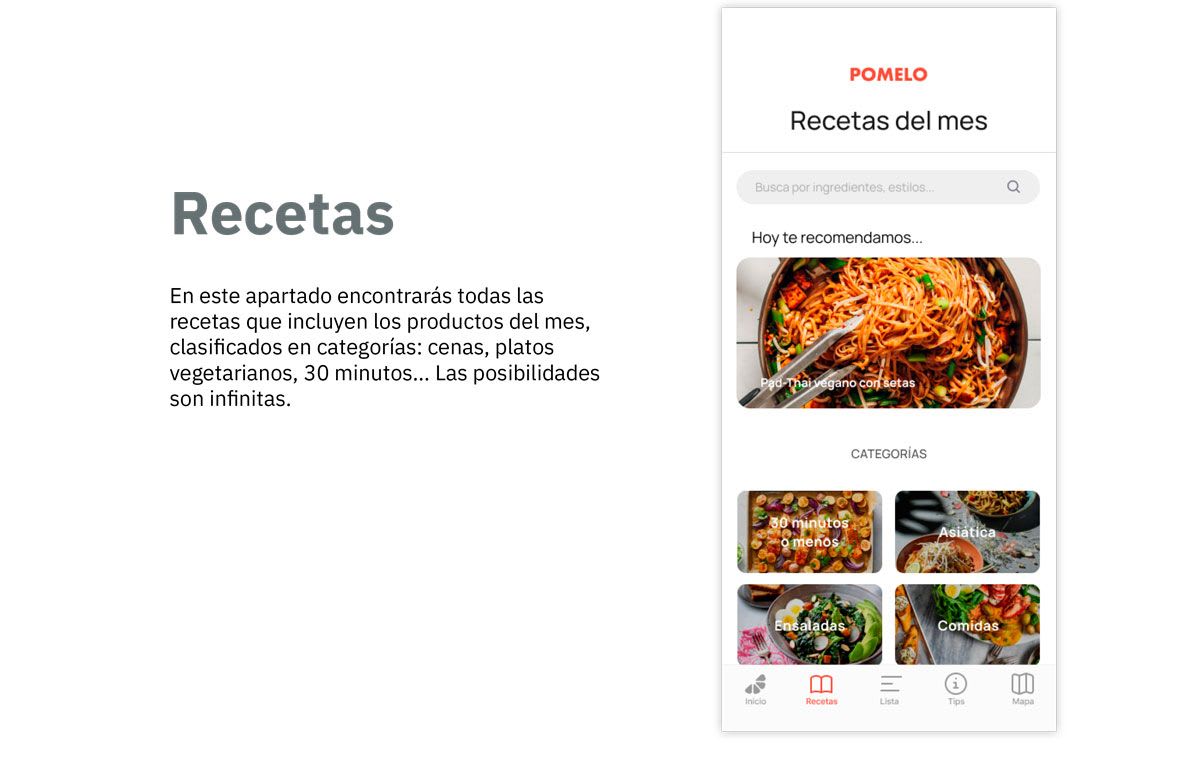 Pantalla de recetas del mes clasificadas por categorías de la app Pomelo, de Cristóbal Bravo González, alumno de UX/UI/Web en TRAZOS