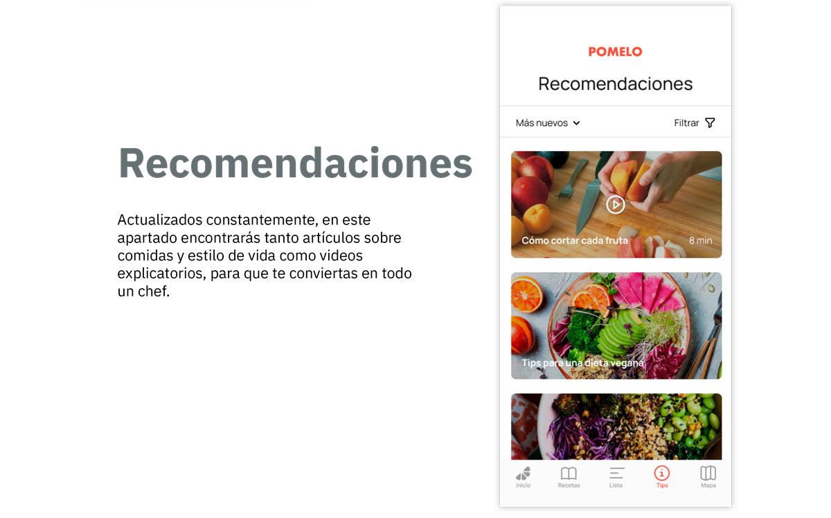 Pantalla de recomendaciones con artículos y vídeos de la app Pomelo, de Cristóbal Bravo González, alumno de UX/UI/Web en TRAZOS