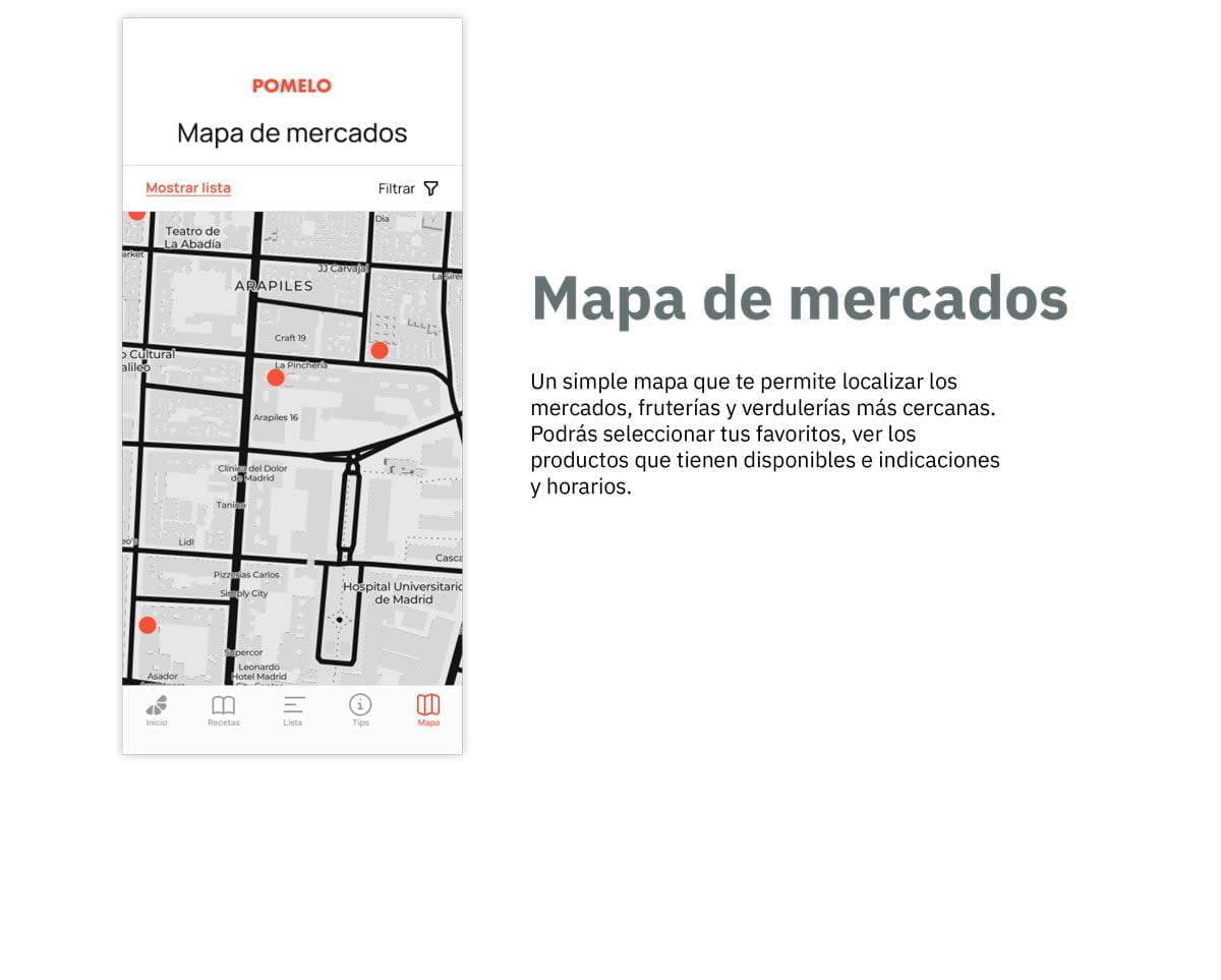 Pantalla de mapa de mercados cercanos de la app Pomelo, de Cristóbal Bravo González, alumno de UX/UI/Web en TRAZOS