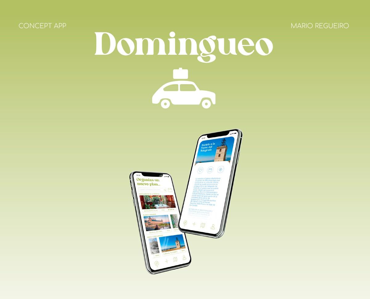 Portada del concept de la app Domingueo de planes de fin de semana, de Mario Regueiro, alumno de UX/UI/Web en TRAZOS