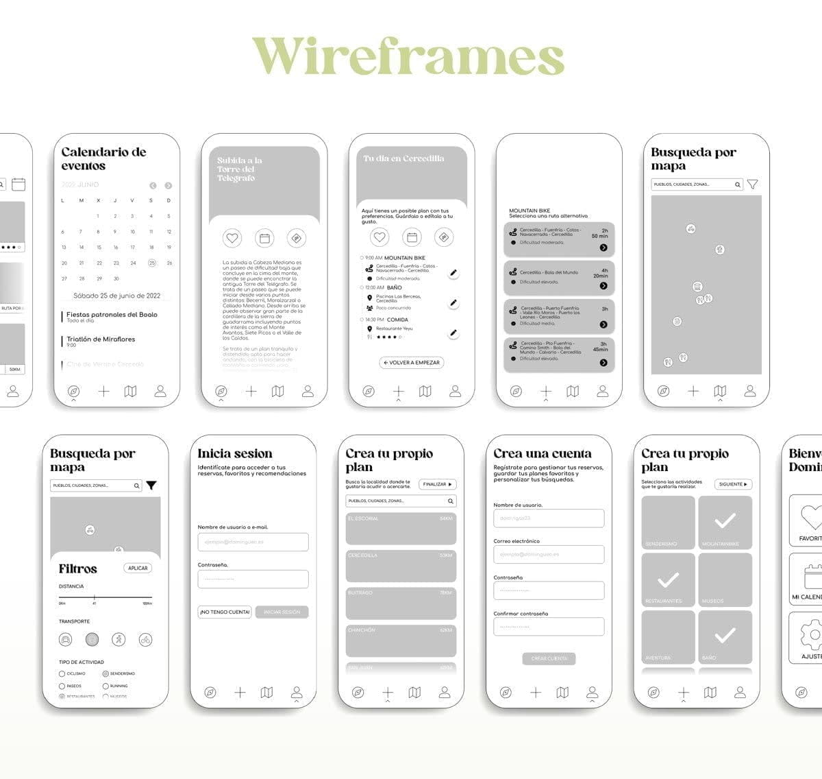 Wireframes de las pantallas de la app Domingueo, de Mario Regueiro, alumno de UX/UI/Web en TRAZOS