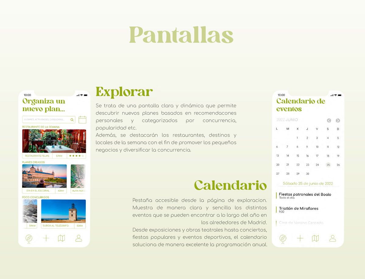 Pantallas de explorar y calendario de la app Domingueo, de Mario Regueiro, alumno de UX/UI/Web en TRAZOS