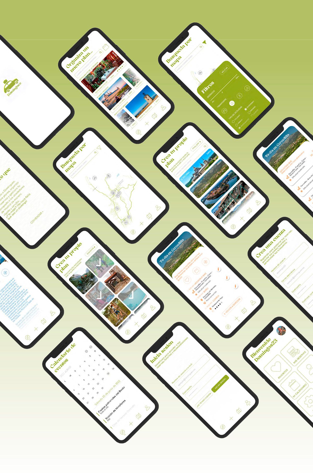 Mockup en perspectiva de las pantallas de la app Domingueo, de Mario Regueiro, alumno de UX/UI/Web en TRAZOS