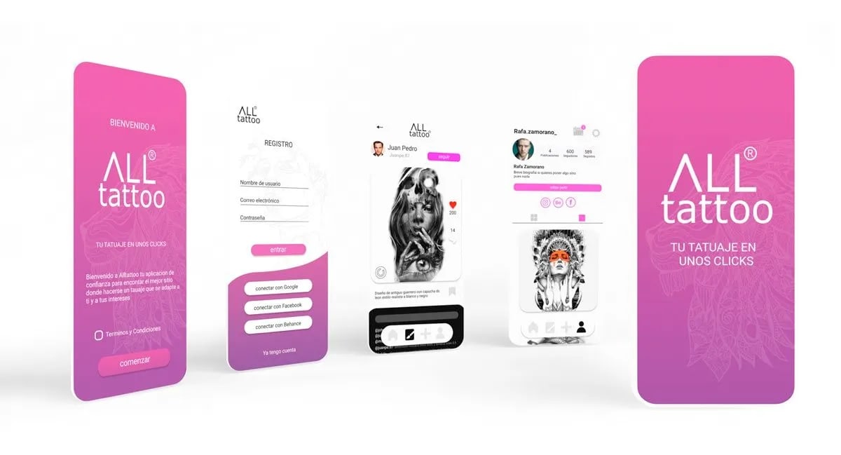 Pantallas de bienvenida, registro, feed y perfil de la app AllTattoo en perspectiva, de Rafael Zamorano Bermejo, alumno de UX/UI/Web en TRAZOS