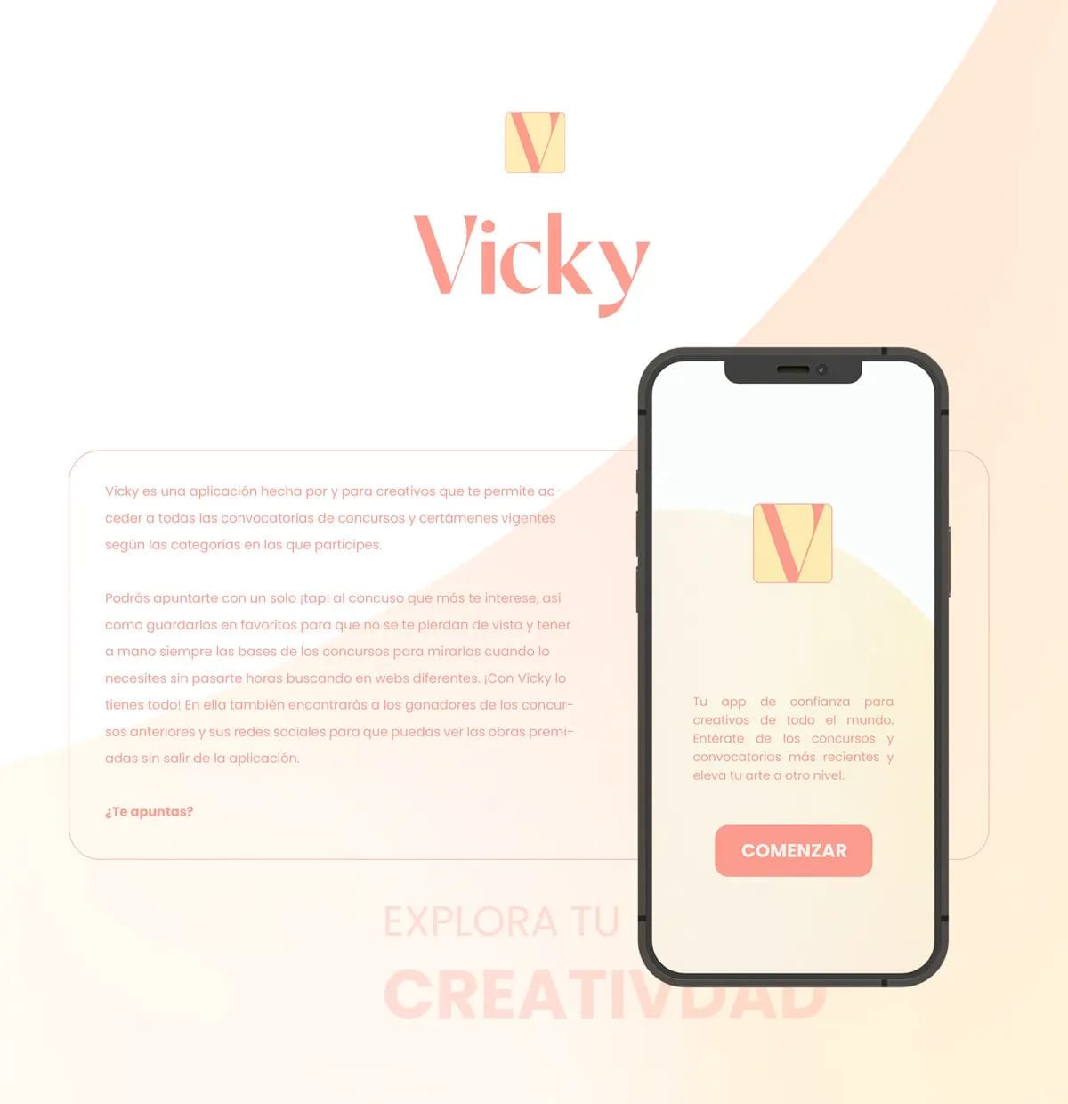 Portada del proyecto Vicky con el logotipo, descripción de la app y mockup de la pantalla de bienvenida, de Nerea Díaz Calero, alumna de UX/UI/Web en TRAZOS
