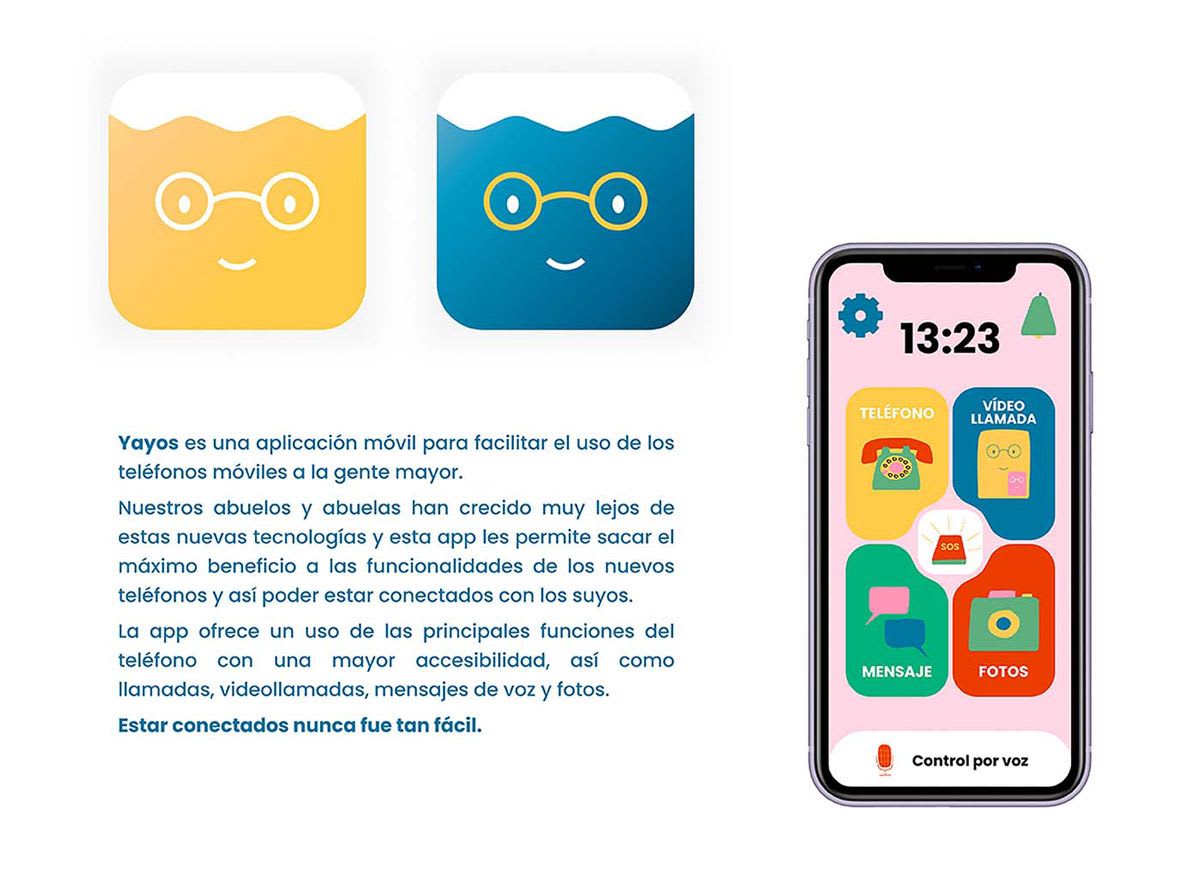 Logotipo de la app Yayos y pantalla de inicio con botones grandes, de Amalia Coll Beltrán, alumna de UX/UI/Web en TRAZOS