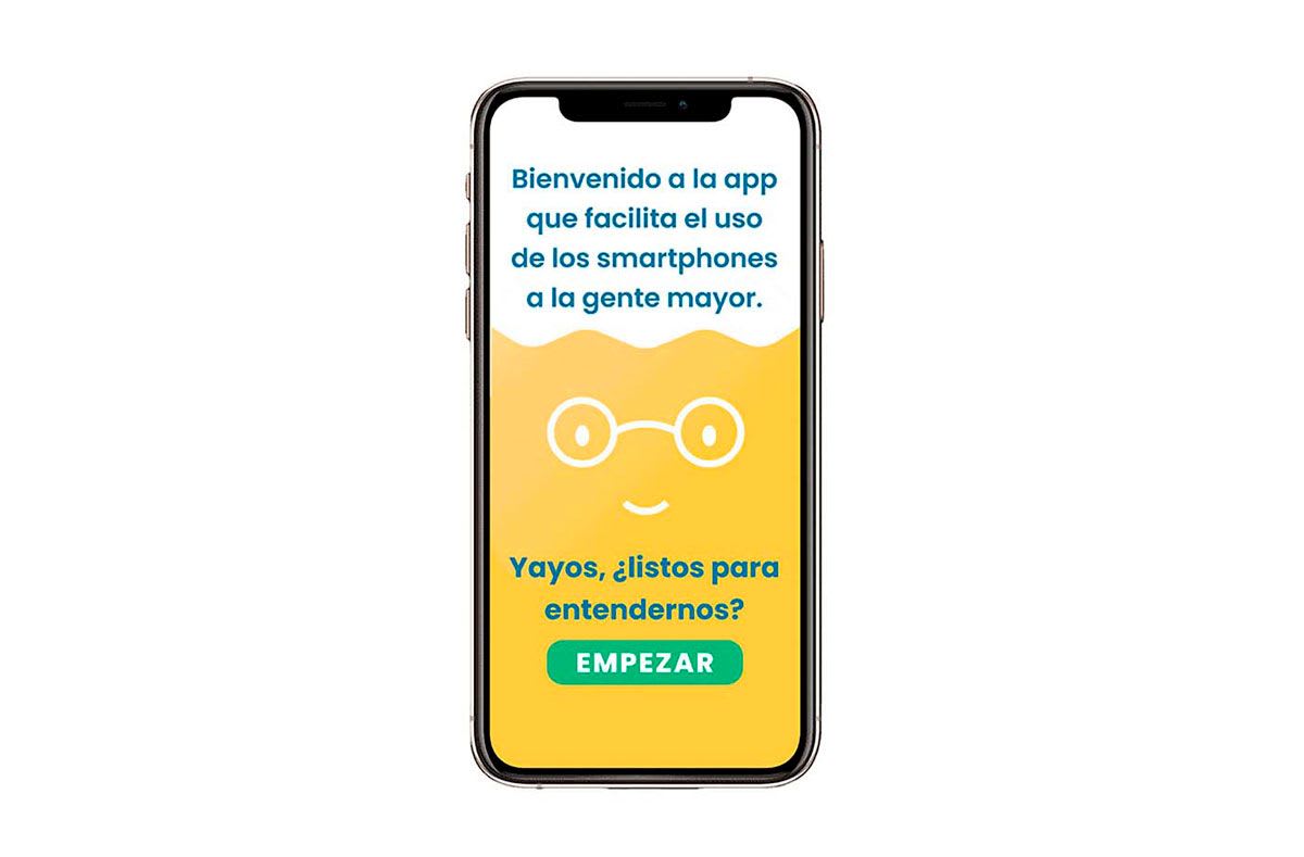 Pantalla de bienvenida de la app Yayos en un mockup de móvil, de Amalia Coll Beltrán, alumna de UX/UI/Web en TRAZOS