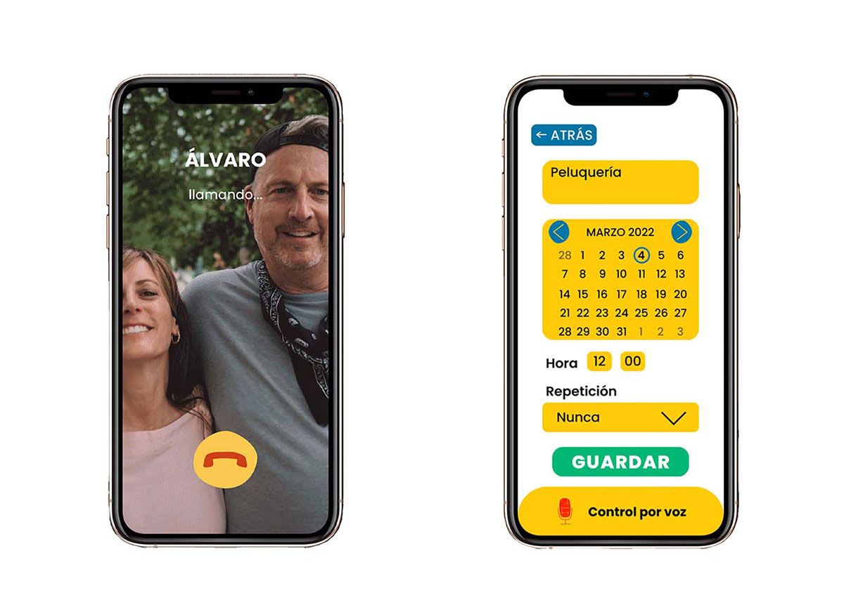 Pantallas de videollamada y de alarma de la app Yayos, de Amalia Coll Beltrán, alumna de UX/UI/Web en TRAZOS