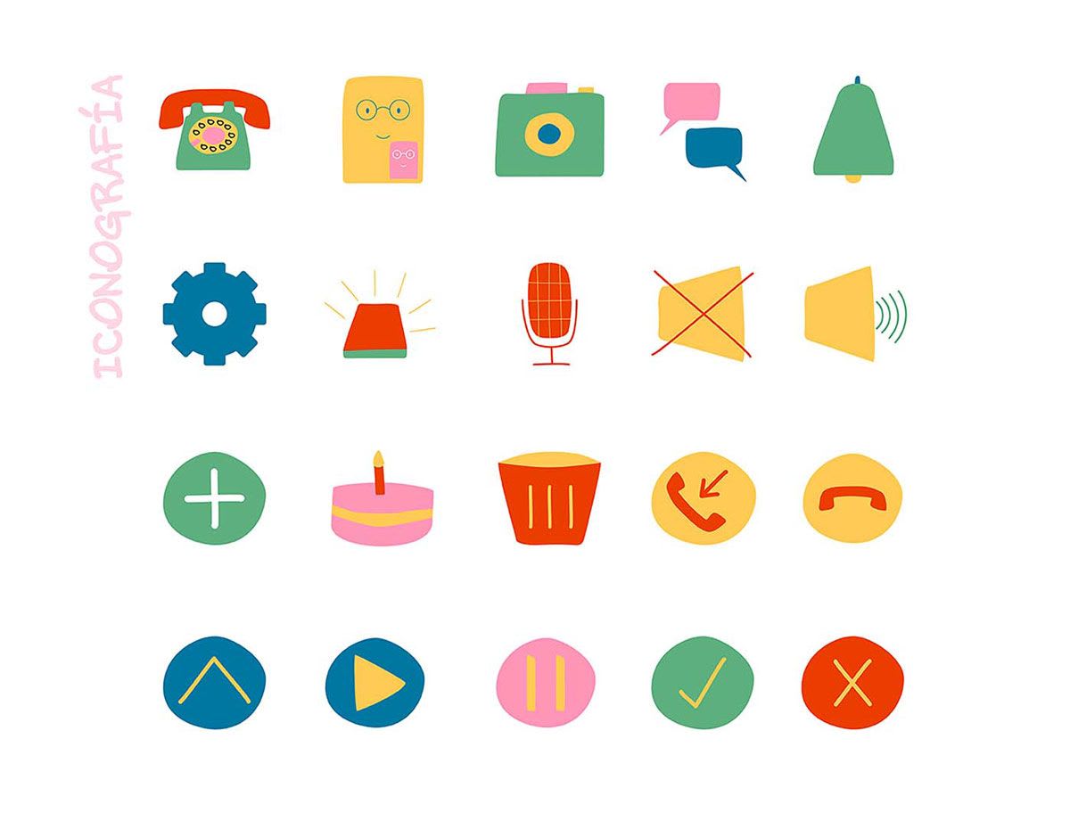Set de iconos ilustrados de colores de la app Yayos, de Amalia Coll Beltrán, alumna de UX/UI/Web en TRAZOS