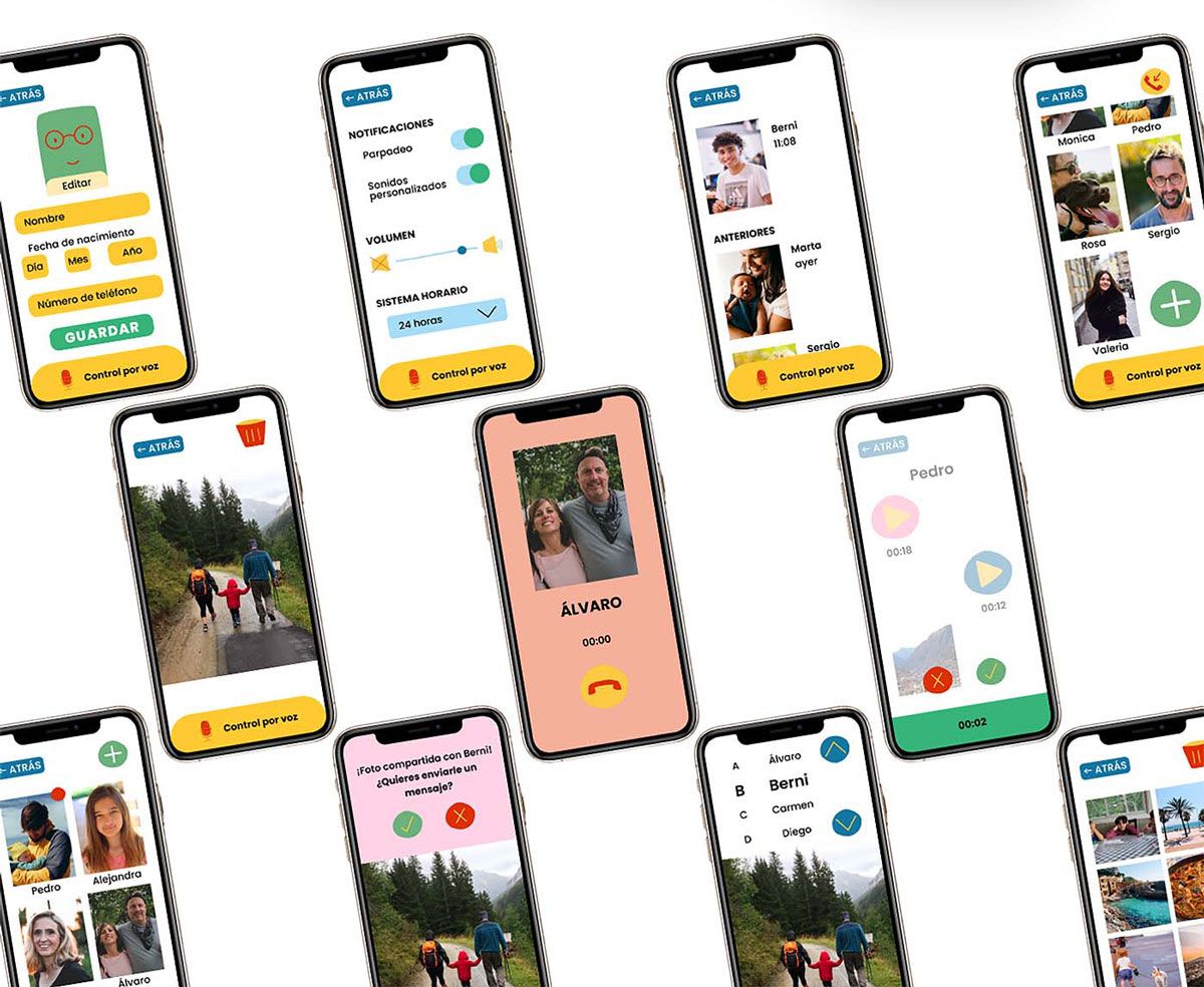 Composición de mockups con varias pantallas de la app Yayos, de Amalia Coll Beltrán, alumna de UX/UI/Web en TRAZOS