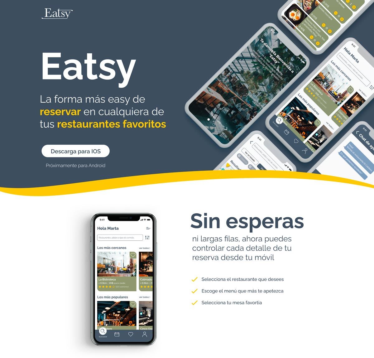 Home de la landing de la app Eatsy de reservas de restaurantes, de Mateo Enrique Martínez, alumno de UX/UI/Web en TRAZOS