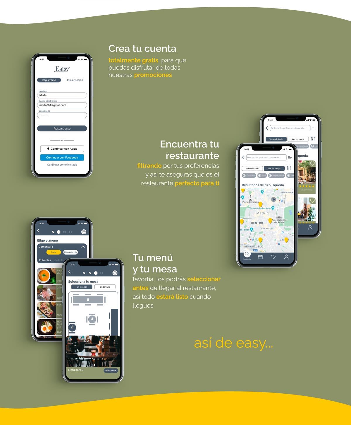 Pantallas de crear cuenta, buscar restaurante y elegir mesa de la app Eatsy, de Mateo Enrique Martínez, alumno de UX/UI/Web en TRAZOS