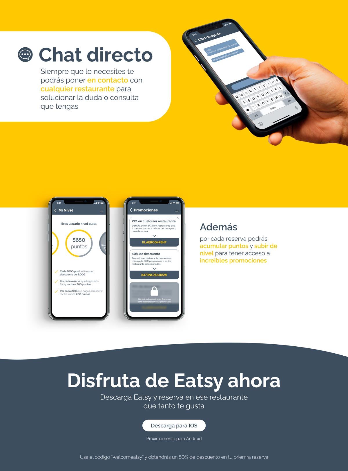 Pantallas de chat directo, nivel y promociones de la app Eatsy, de Mateo Enrique Martínez, alumno de UX/UI/Web en TRAZOS