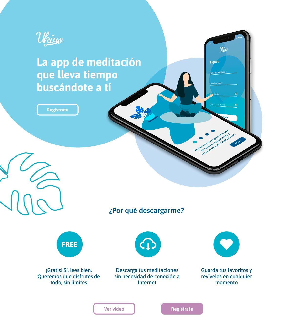 Cabecera de la landing de la app de meditación Ukiyo con mockups de bienvenida y registro y los motivos para descargarla, de Patricia Rogero Wasmer, alumna de UX/UI/Web en TRAZOS