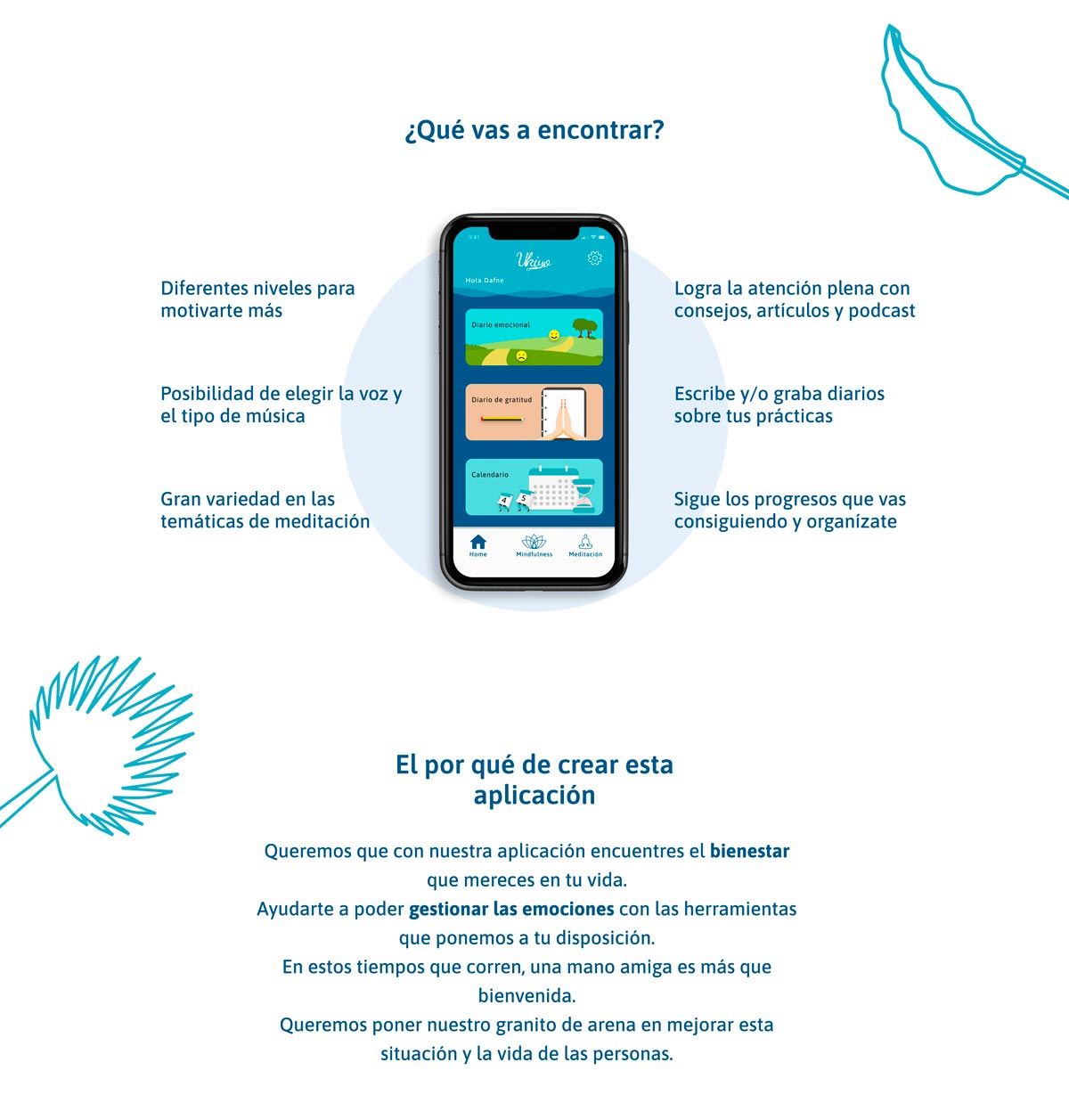 Sección de la landing de Ukiyo con un mockup del home de la app y el listado de funcionalidades de meditación, de Patricia Rogero Wasmer, alumna de UX/UI/Web en TRAZOS