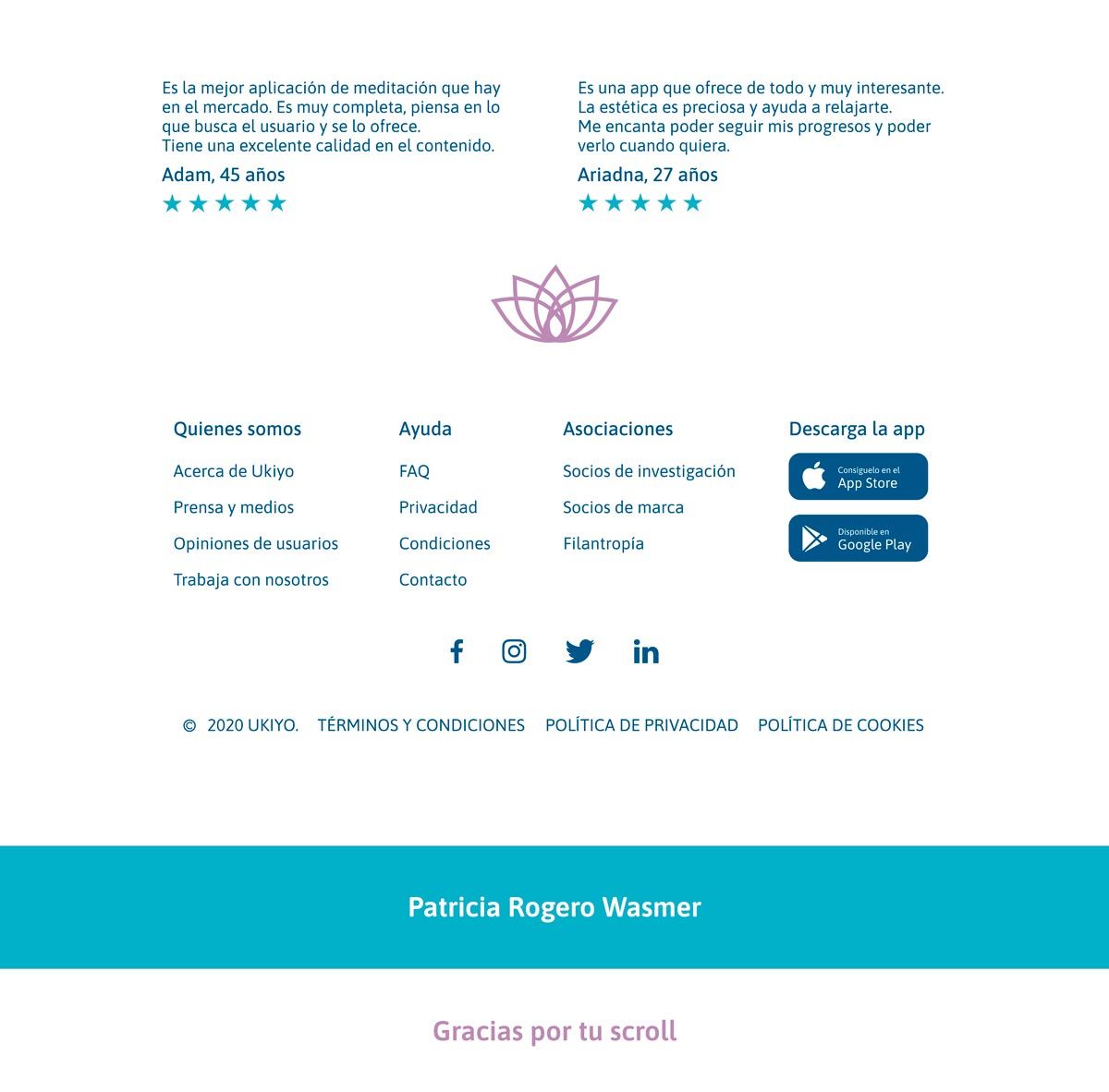Cierre de la landing de Ukiyo con opiniones de usuarios, enlaces del footer y botones de descarga de la app, de Patricia Rogero Wasmer, alumna de UX/UI/Web en TRAZOS