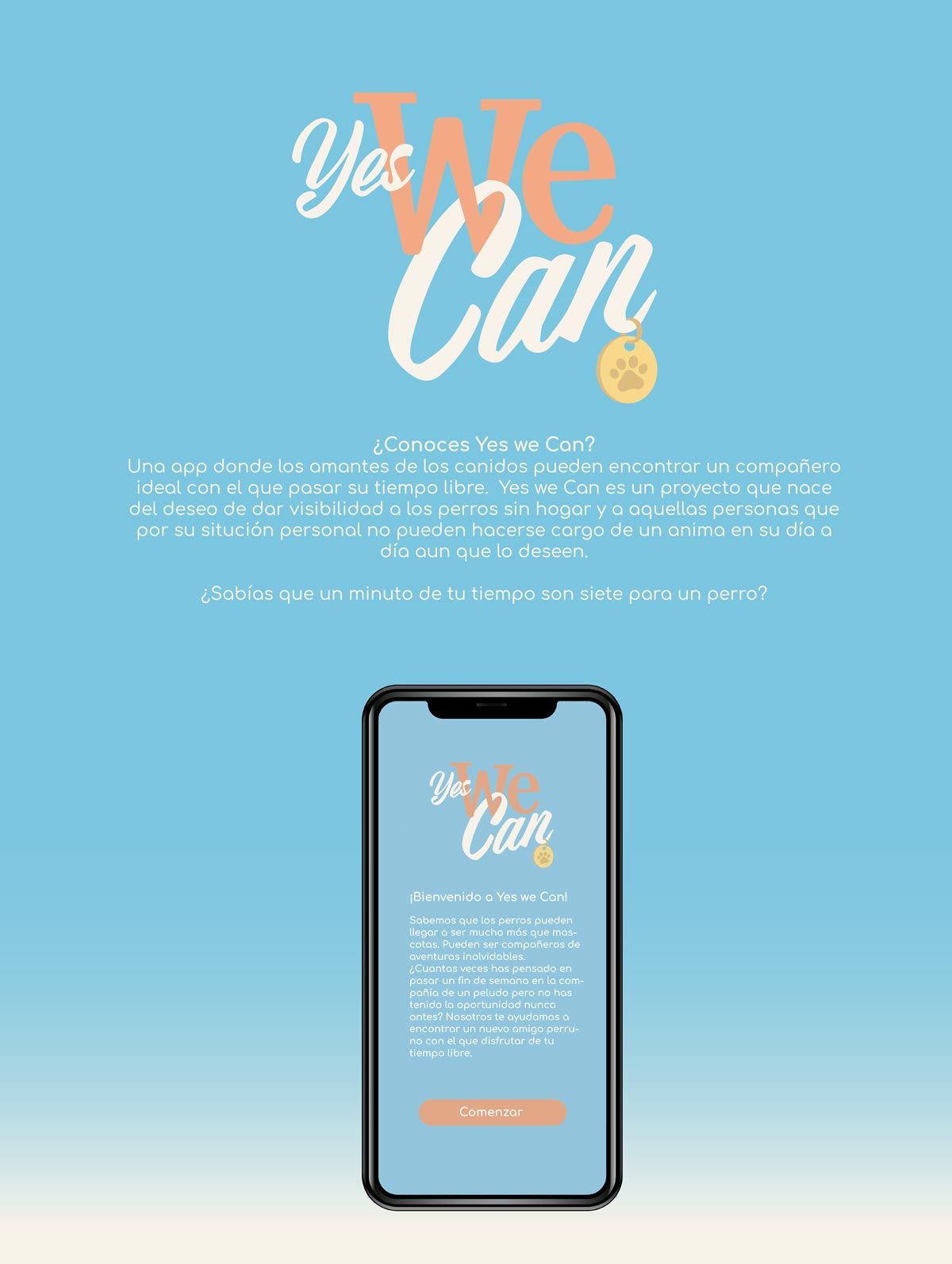 Presentación de la app Yes we Can de adopción de perros con su logotipo y pantalla de bienvenida, de Clara Martínez, alumna de UX/UI/Web en TRAZOS