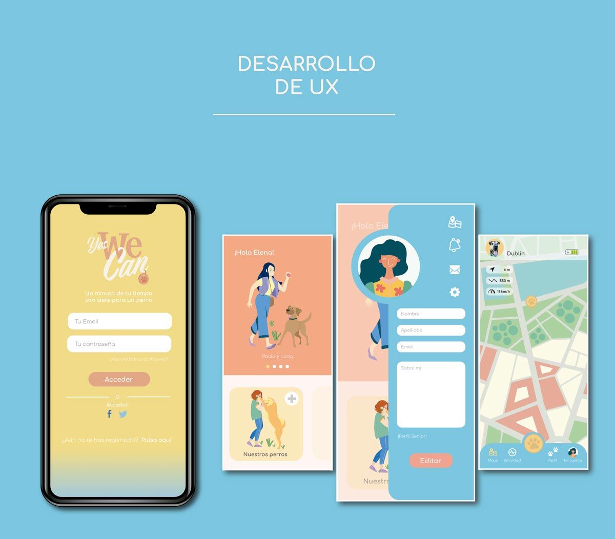 Desarrollo de UX de la app Yes we Can con pantallas ilustradas de login, perfil y mapa, de Clara Martínez, alumna de UX/UI/Web en TRAZOS