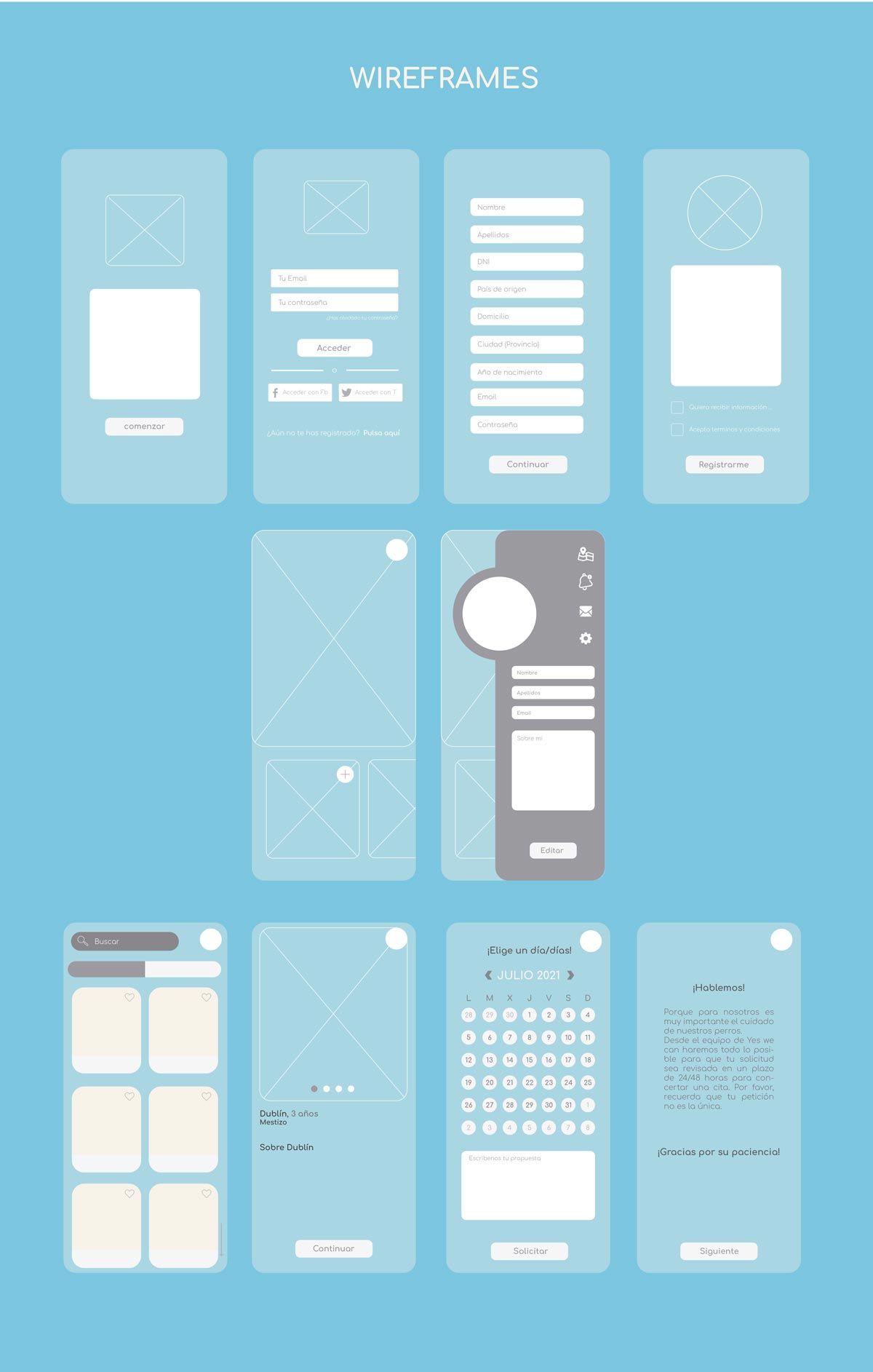 Wireframes de las pantallas de registro, perfil y adopción de la app Yes we Can, de Clara Martínez, alumna de UX/UI/Web en TRAZOS