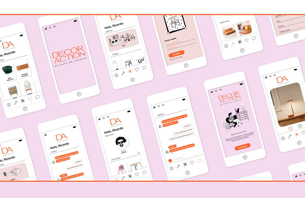 Conjunto de pantallas de la app Decor Action con logotipo, chat y perfil sobre fondo rosa, de Ricardo Martínez, alumno de UX/UI/Web en TRAZOS