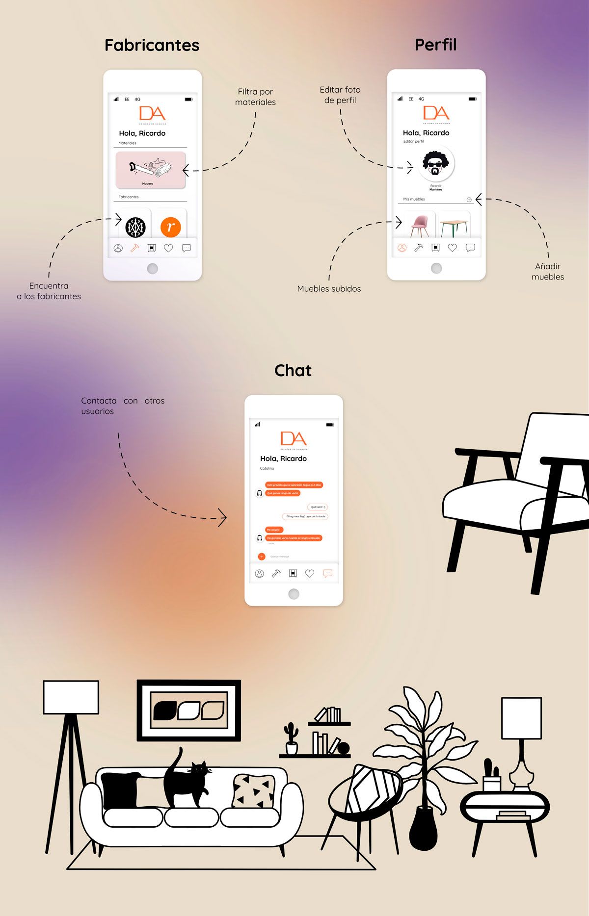 Diagrama de flujo de la app Decor Action con las pantallas de Fabricantes, Perfil y Chat e ilustraciones de mobiliario, de Ricardo Martínez, alumno de UX/UI/Web en TRAZOS