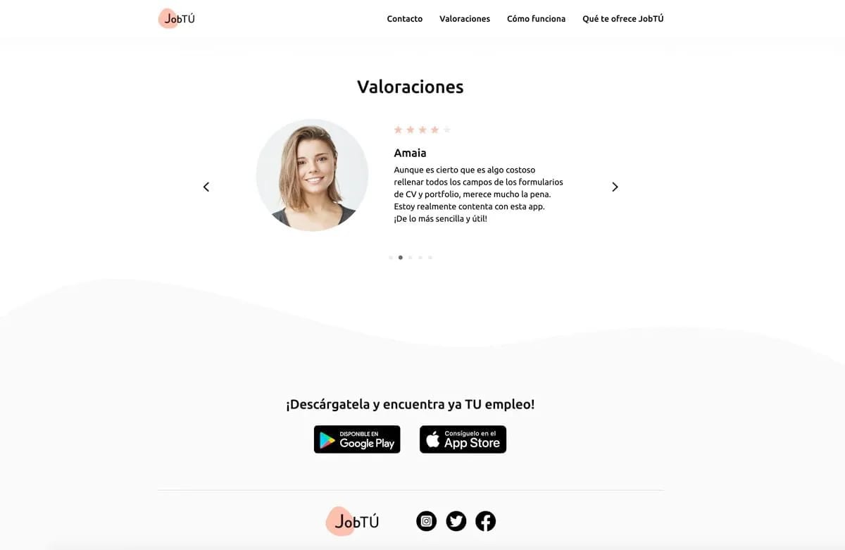 Vista completa de la web de la app de empleo JobTU con valoraciones y descarga, de Ana Govea Quevedo, alumna de UX/UI/Web en TRAZOS