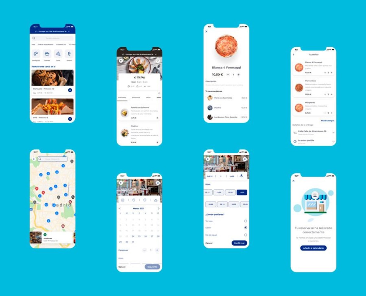 Flujo de pedido y reserva de mesa de la app Club VIPS con mapa de restaurantes, de Carmen Sáez Barneto, alumna de UX/UI/Web en TRAZOS