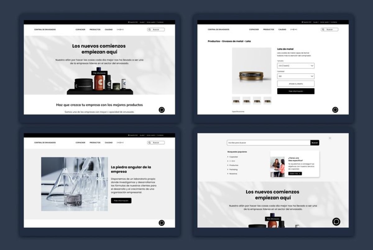 Maquetación de escritorio de la web Central de Envasados con productos y laboratorio, de Carmen Sáez Barneto, alumna de UX/UI/Web en TRAZOS
