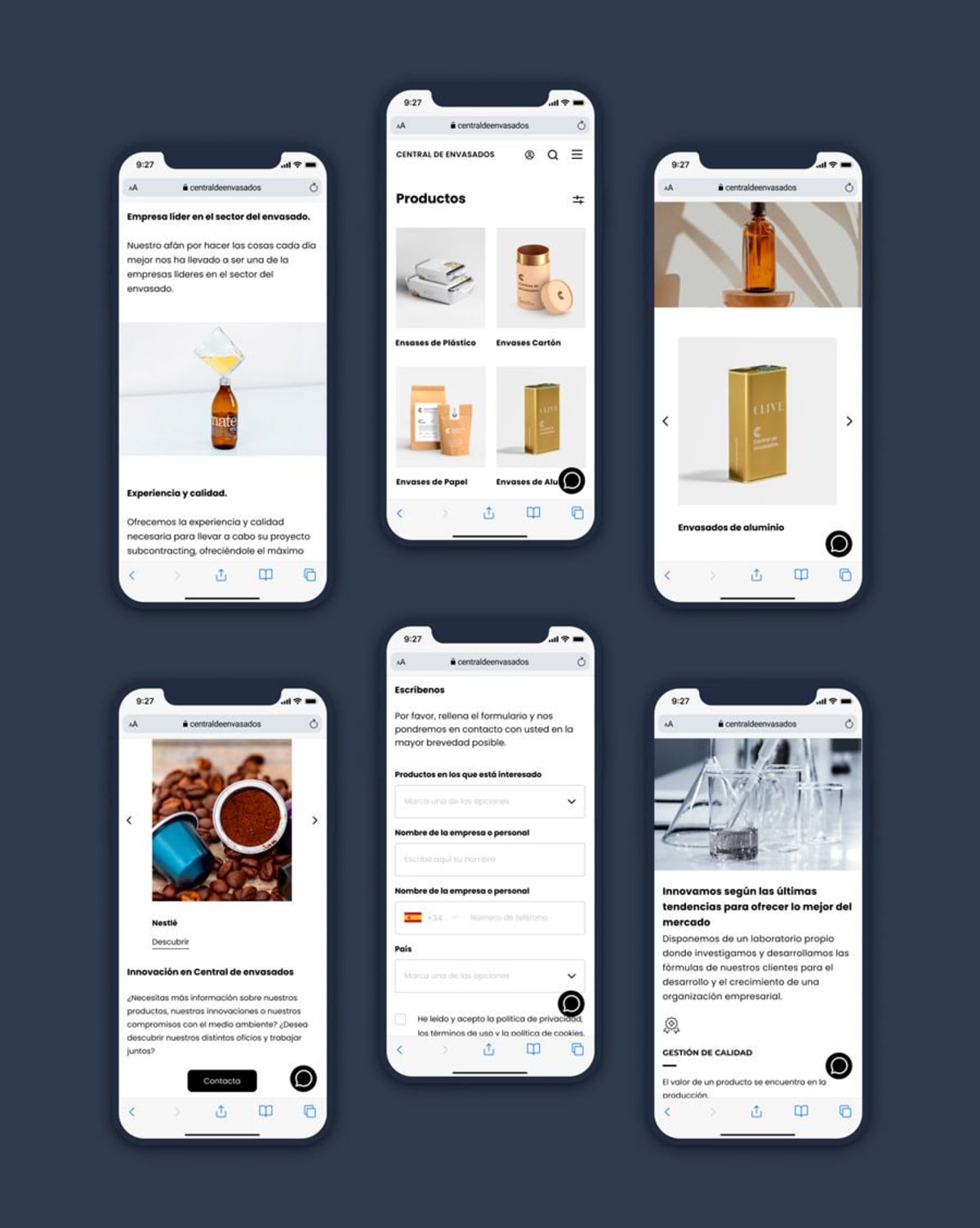 Pantallas de la app Central de Envasados con productos, formulario de contacto y gestión de calidad, de Carmen Sáez Barneto, alumna de UX/UI/Web en TRAZOS