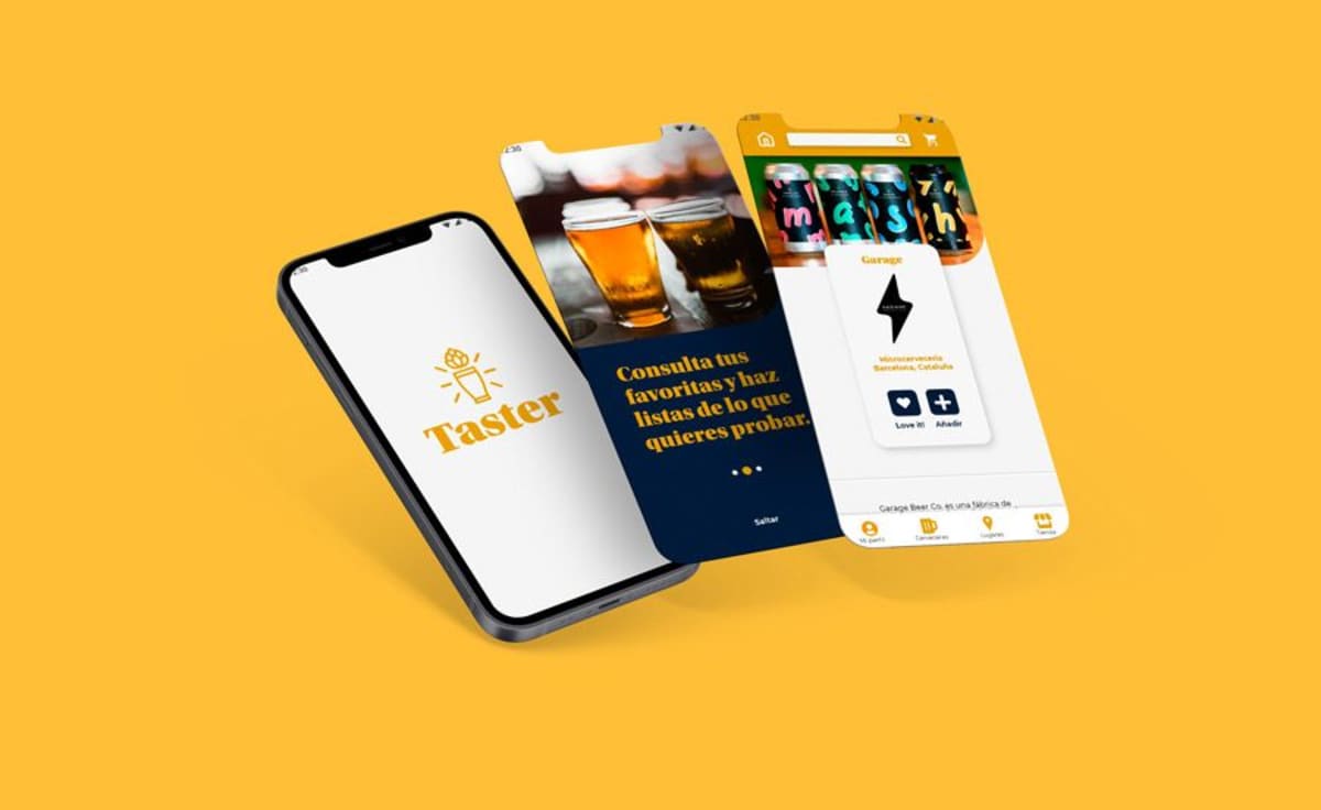 Pantallas de la app Taster de cervezas artesanas, de Marcos Nadal Tejado, alumno de UX/UI/Web en TRAZOS