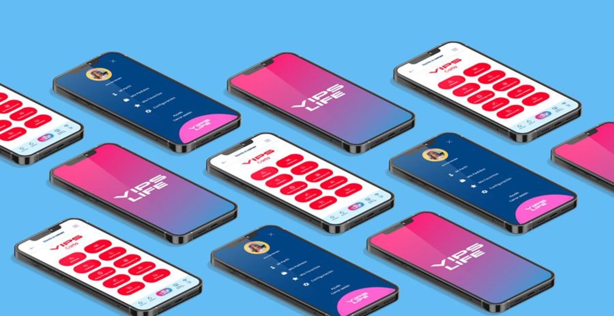 Mockup con múltiples pantallas de la app Vips Life, de Marcos Nadal Tejado, alumno de UX/UI/Web en TRAZOS