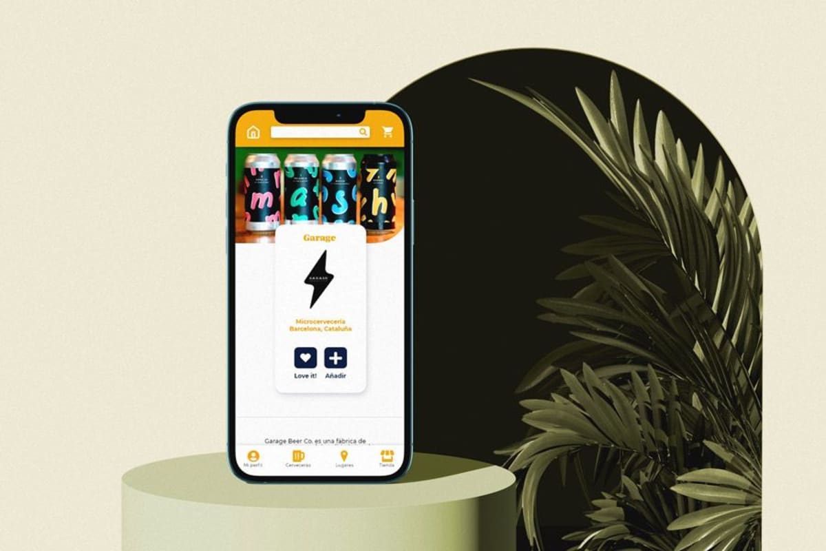Ficha de cervecería de la app Taster en mockup de móvil, de Marcos Nadal Tejado, alumno de UX/UI/Web en TRAZOS