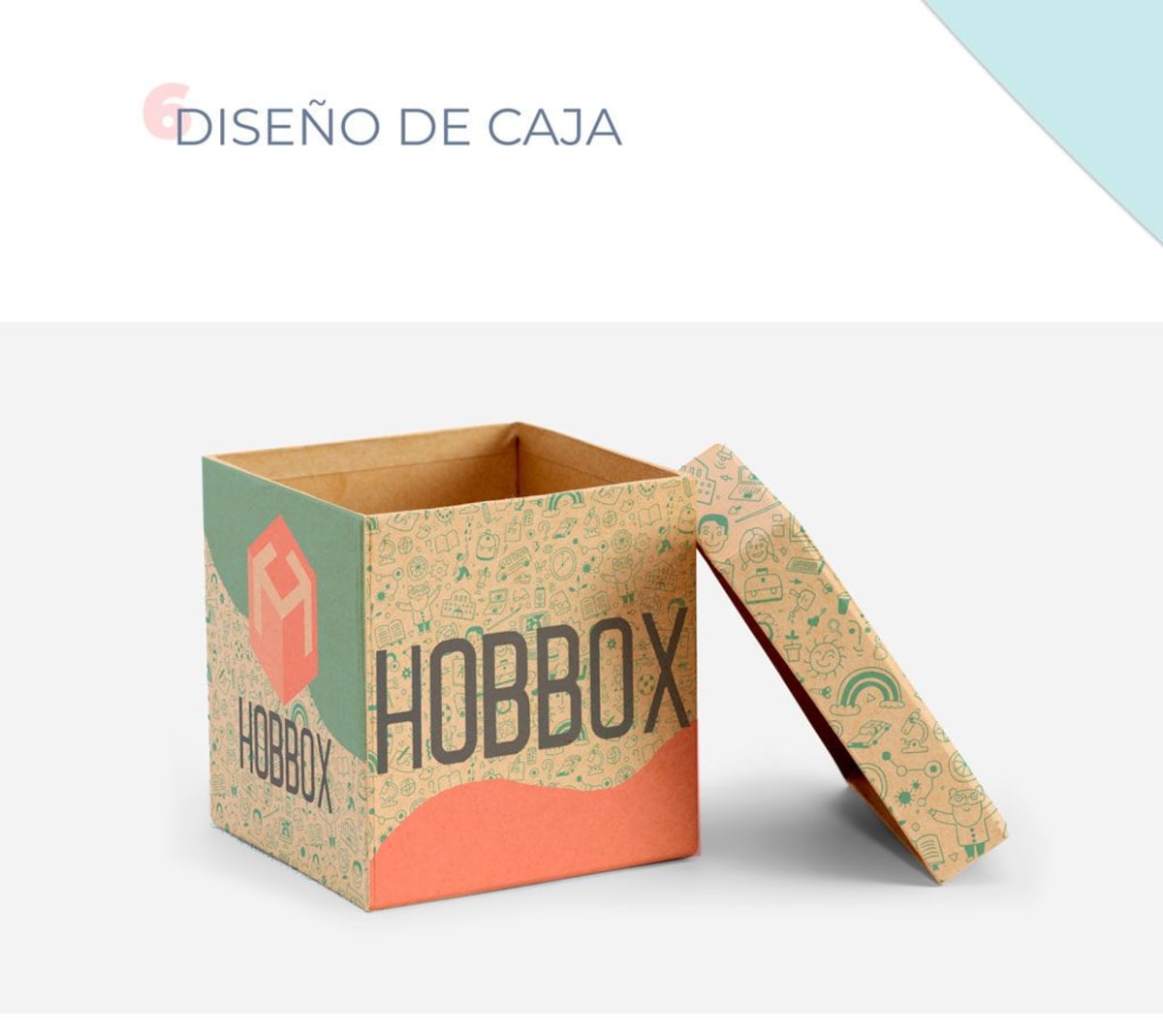 Diseño de la caja de cartón Hobbox con un patrón de iconos en verde sobre kraft, de alumnos de Dirección de Arte, alumnado de UX/UI/Web en TRAZOS