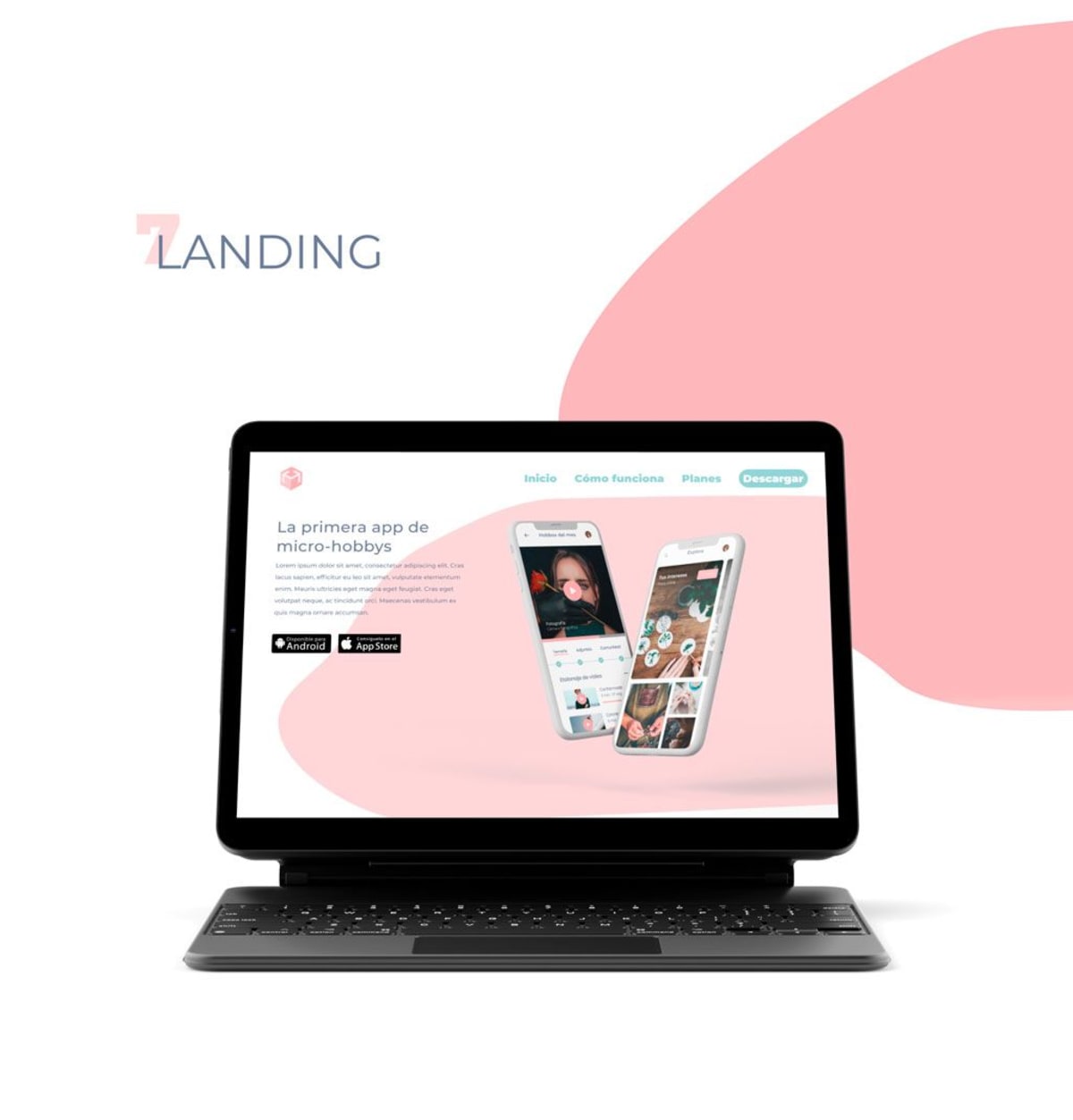 Landing web de Hobbox en un portátil con el reclamo La primera app de micro-hobbys, de alumnos de Dirección de Arte, alumnado de UX/UI/Web en TRAZOS