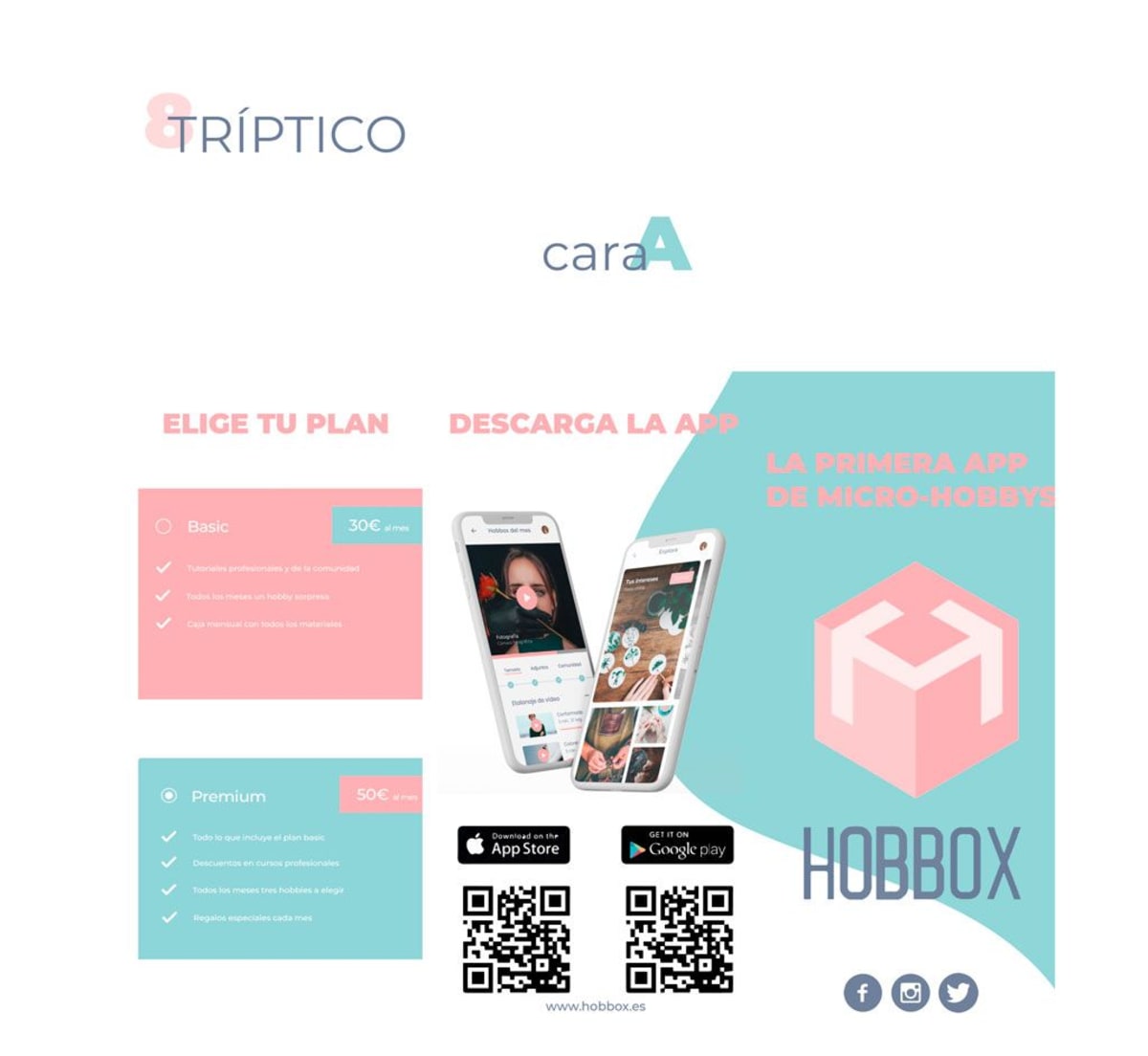Cara A del tríptico de Hobbox con los planes Basic y Premium y los códigos de descarga de la app, de alumnos de Dirección de Arte, alumnado de UX/UI/Web en TRAZOS