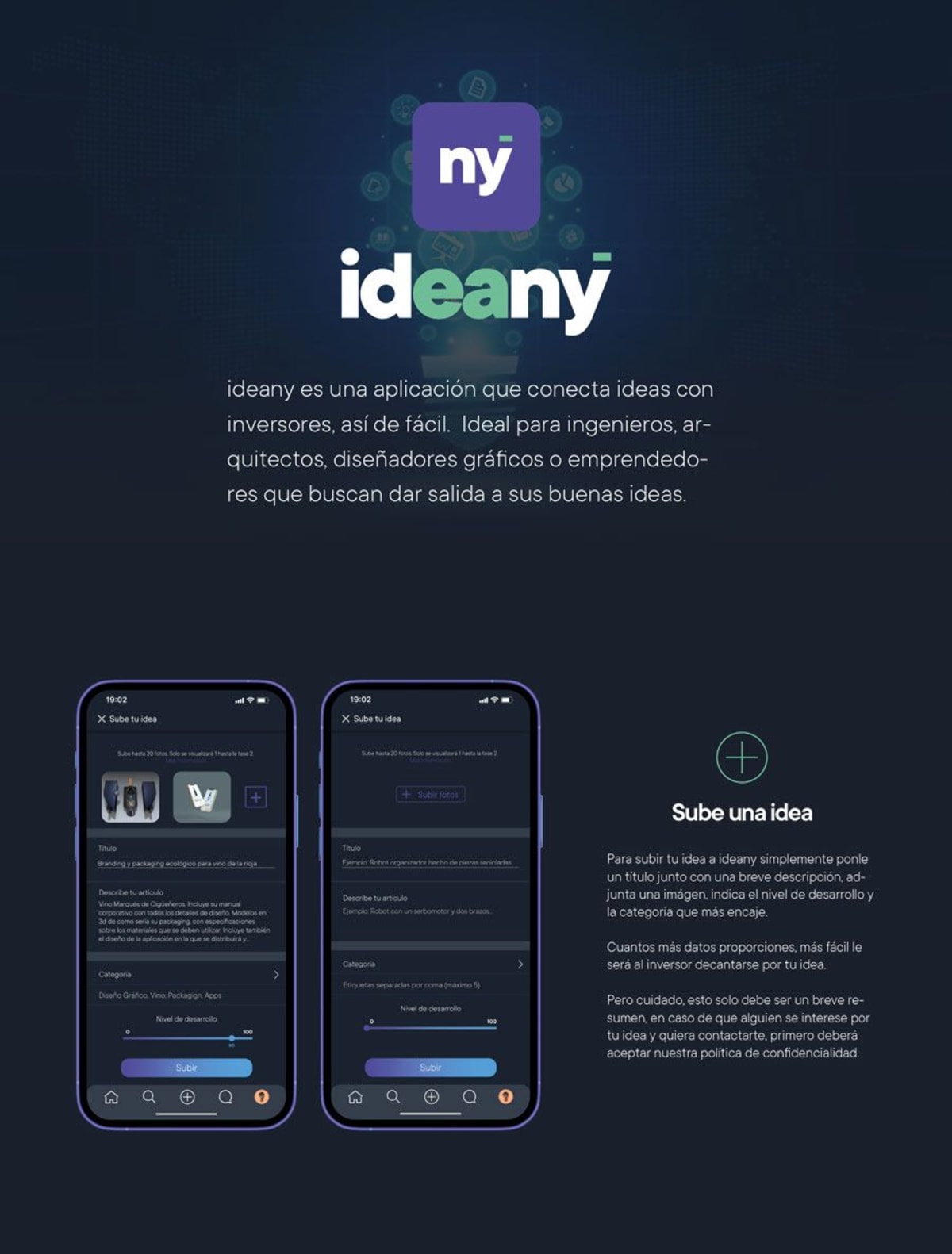 Logo de ideany y pantallas de la función subir una idea de la app, de Adrián Gómez Trillo, alumno de UX/UI/Web en TRAZOS