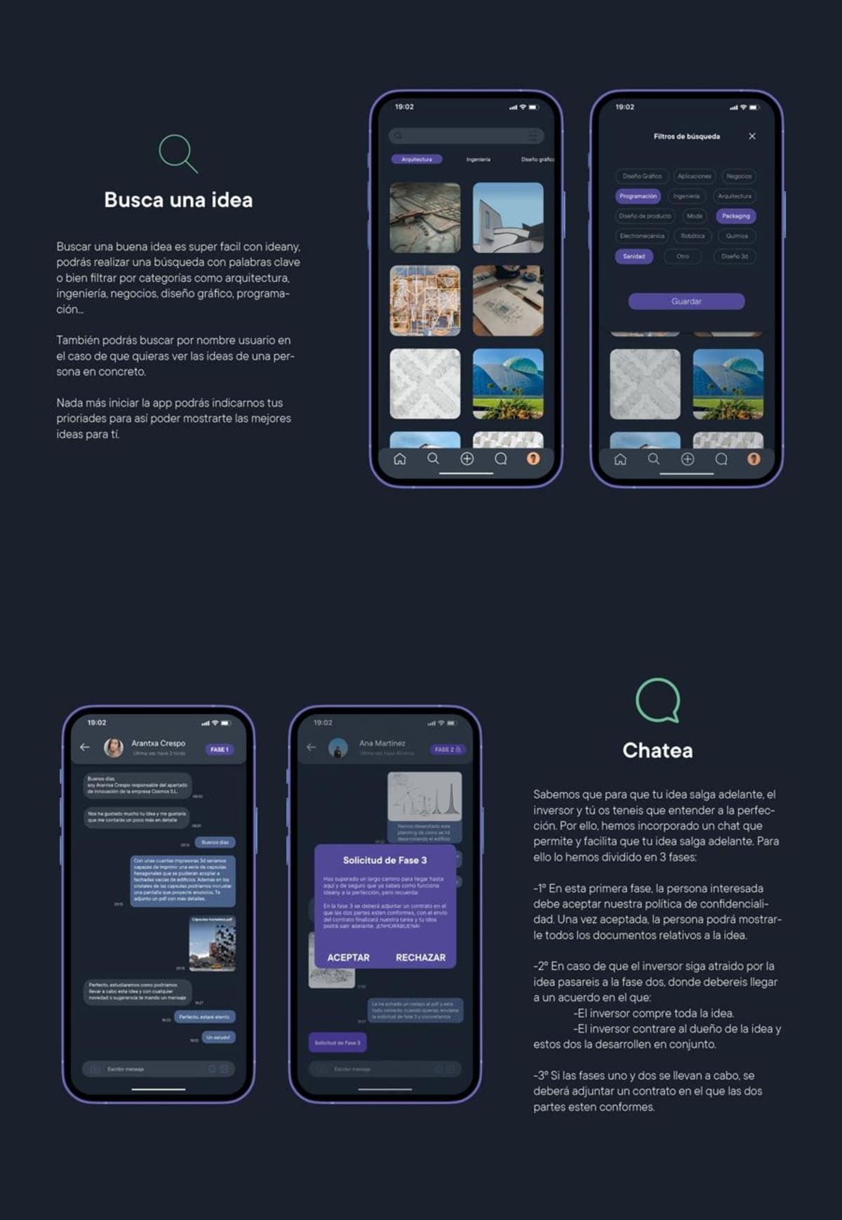 Pantallas de buscar una idea y chat de la app ideany, de Adrián Gómez Trillo, alumno de UX/UI/Web en TRAZOS