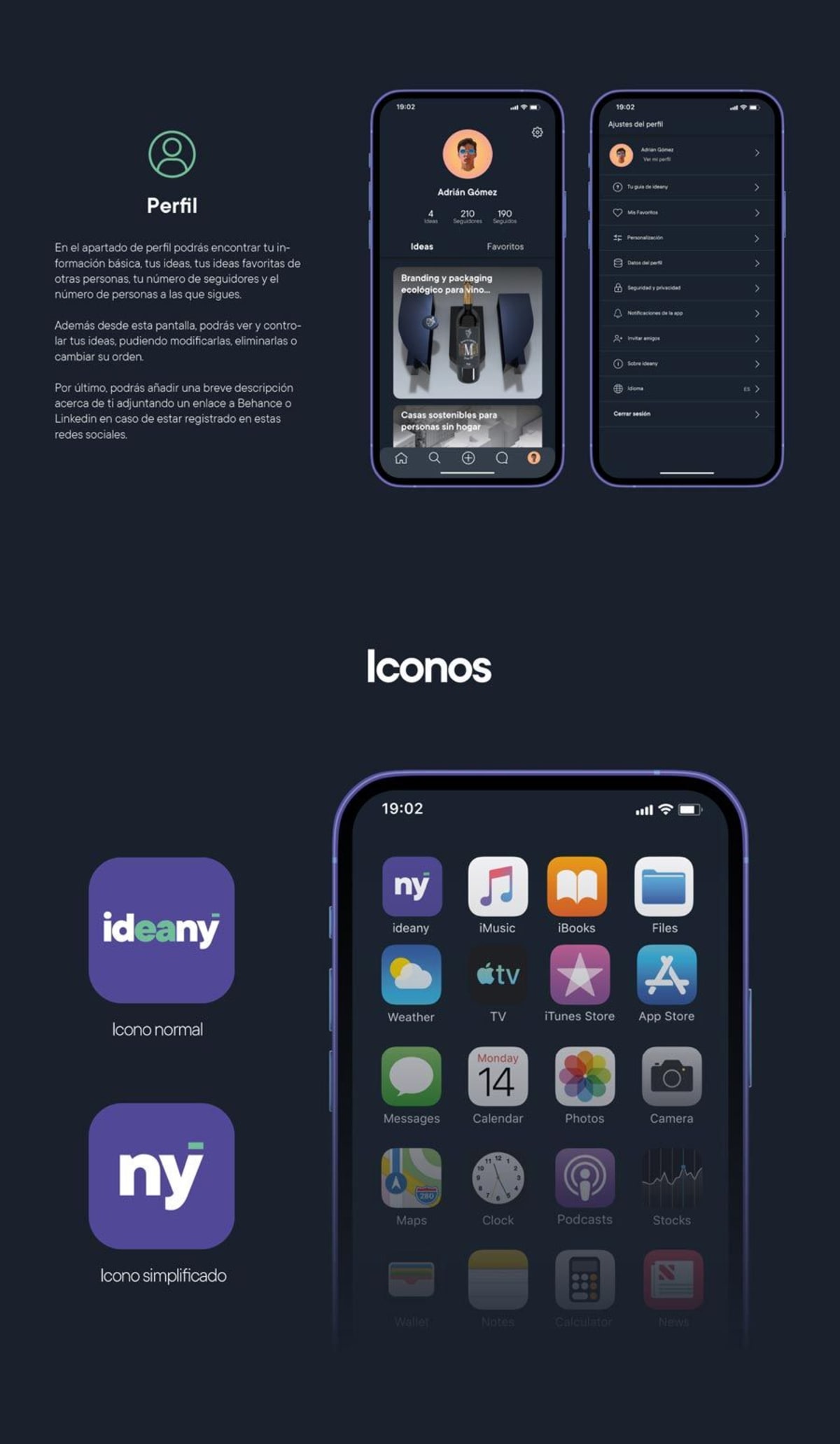 Pantalla de perfil y set de iconos de la app ideany, de Adrián Gómez Trillo, alumno de UX/UI/Web en TRAZOS